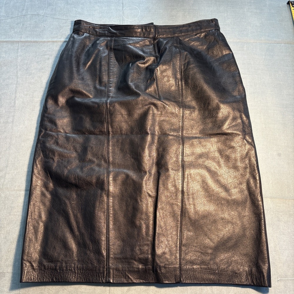 Evan Davies Vintage Black Leather Midi Pencil Skirt High Waist Size 12